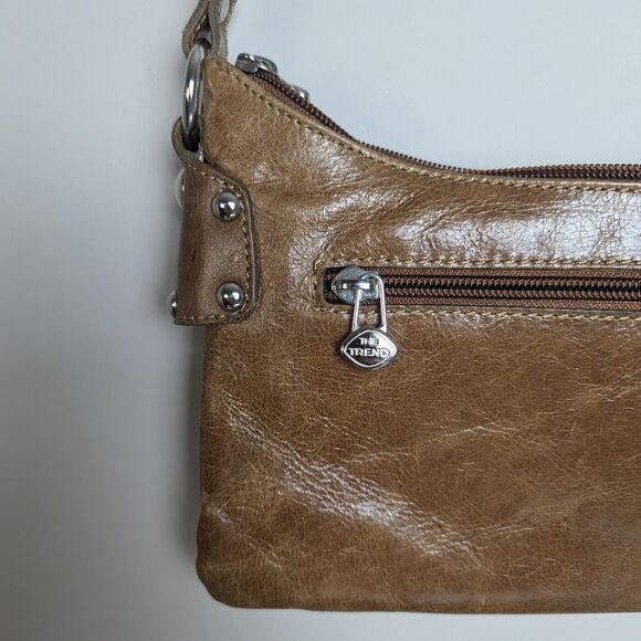 90s Leather Shoulder Bag, Shiny Light Brown Tan, The Trend Italy, Multiple Zippe - Picture 10 of 12